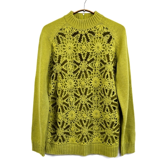 Vintage Sweaters - Vintage Suede Wool Crochet Mock Neck Sweater Floral Embroidered